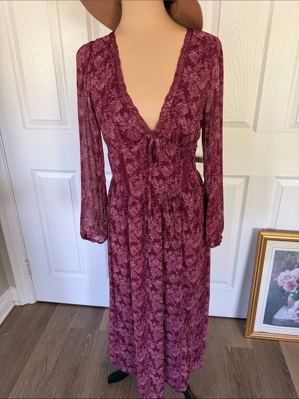 Burgundy Corset Floral Tie-Front Maxi Dress